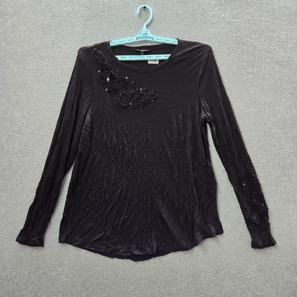 Simply Vera Women Top XL‎ Black Blouse Rhinestones Embroidered Pullover